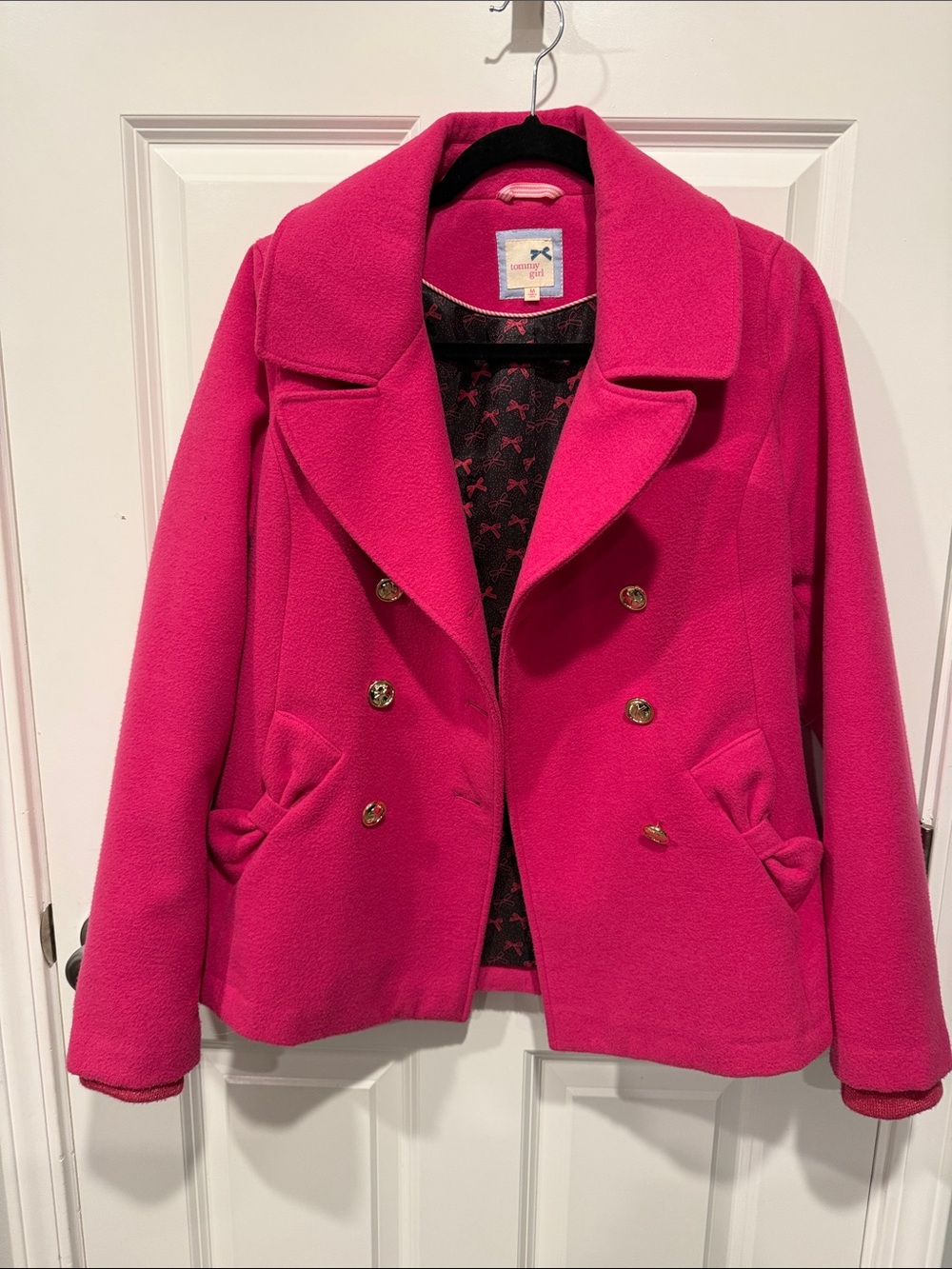 Tommy Girl Bright Pink Double-Breasted Peacoat with Gold Buttons